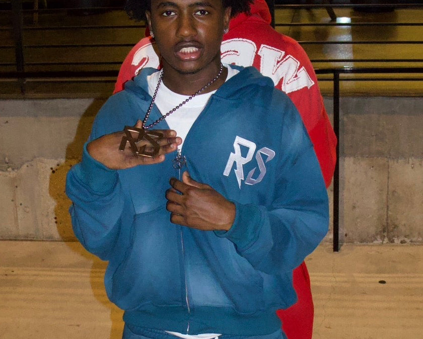 Blue 2Raw 2Fit in zip up hoodie